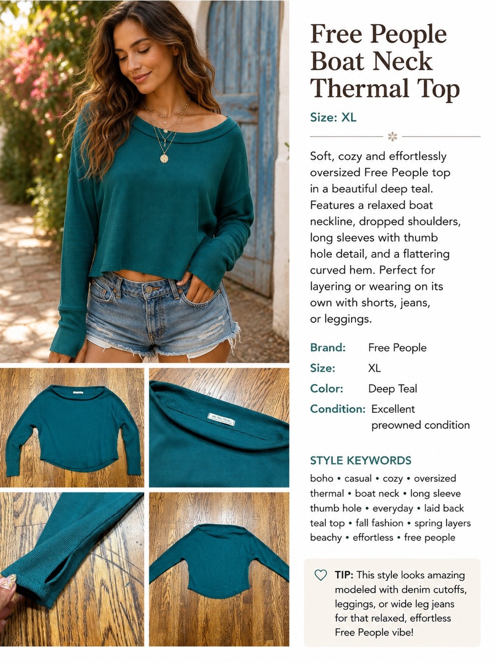 Free People Boat Neck Thermal Top – XL – Deep Teal Boho Oversized Cozy